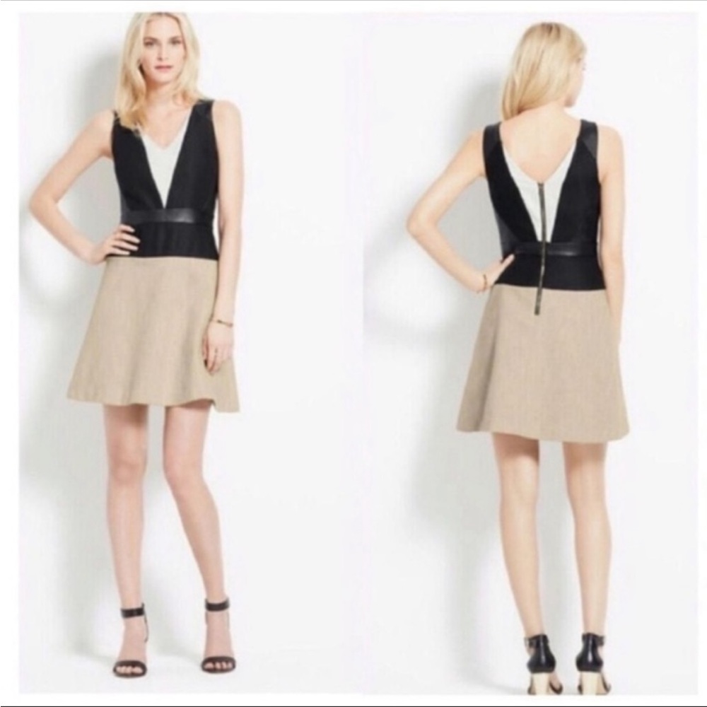 NWOT | Ann Taylor | color block | tan black white | VNeck | faux leather | dress